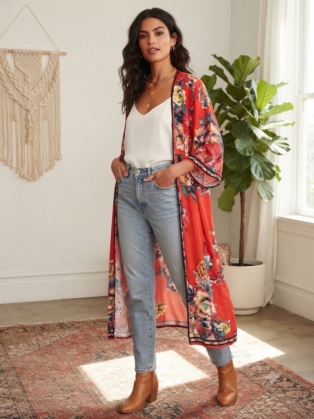 Flying Tomato Floral Red Kimono Duster size M/L